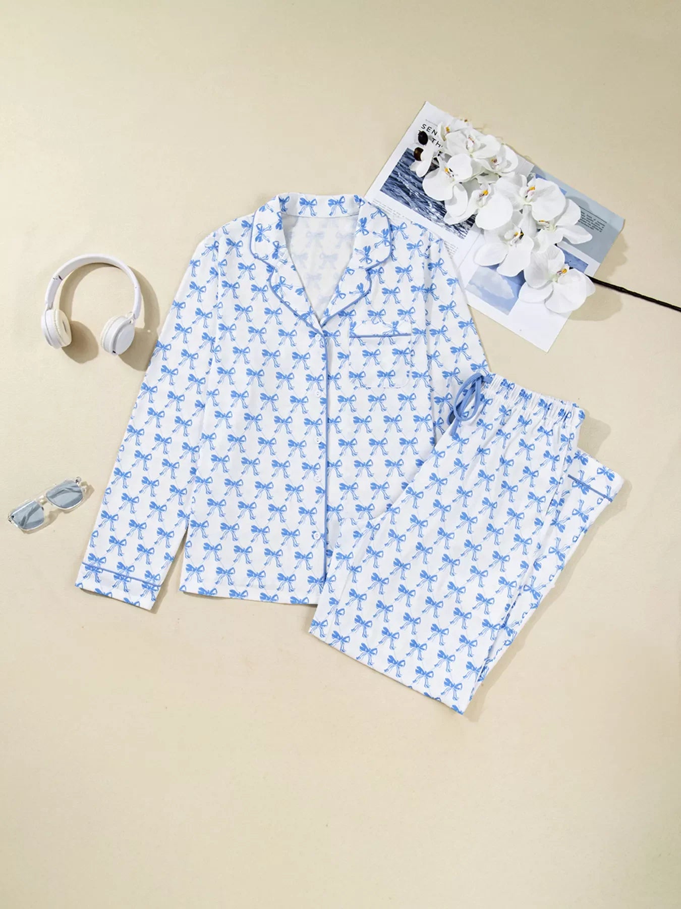Hazel Blues® | Bow Print Long Sleeve Shirt and Pants Pajama Set