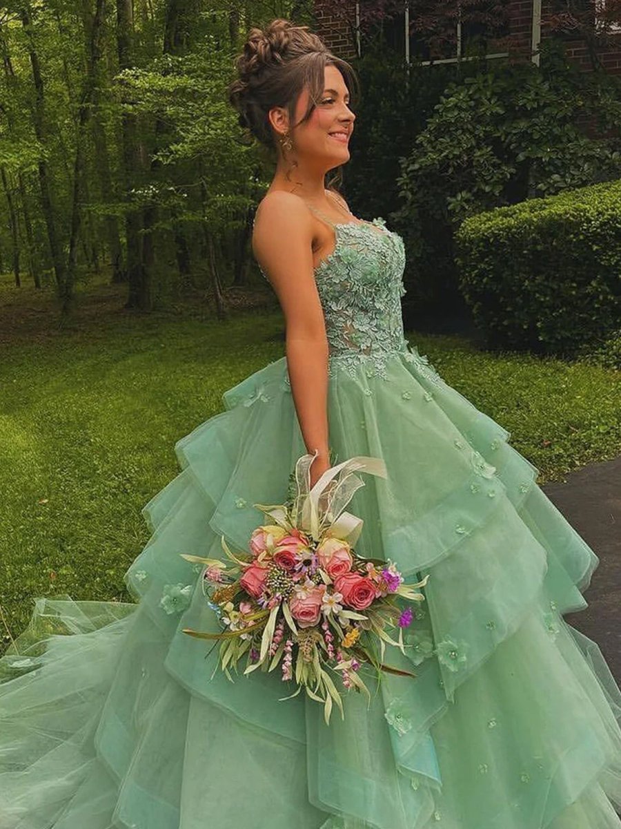 Ball Gown Sweetheart Sage Green Tulle Long Prom Dresses with Appliques