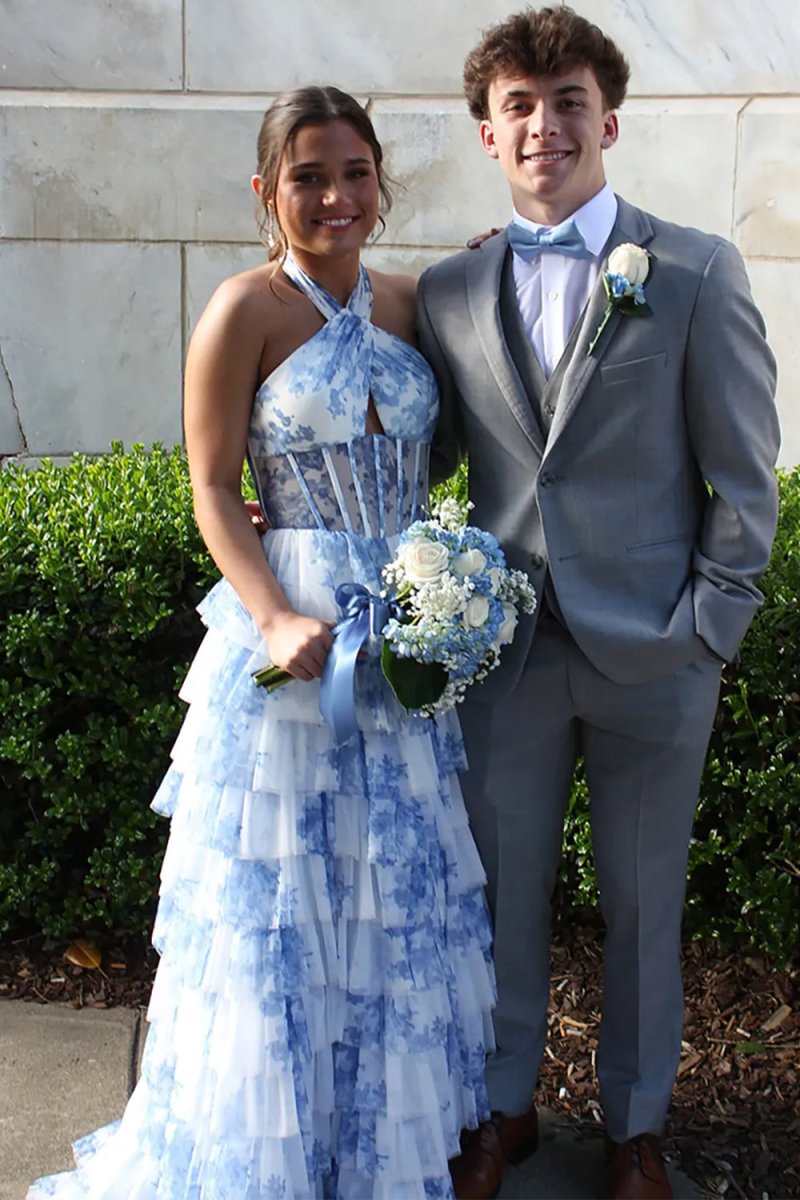 Blue Halter A Line Floral Chiffon Formal Prom Dresses With Ruffles