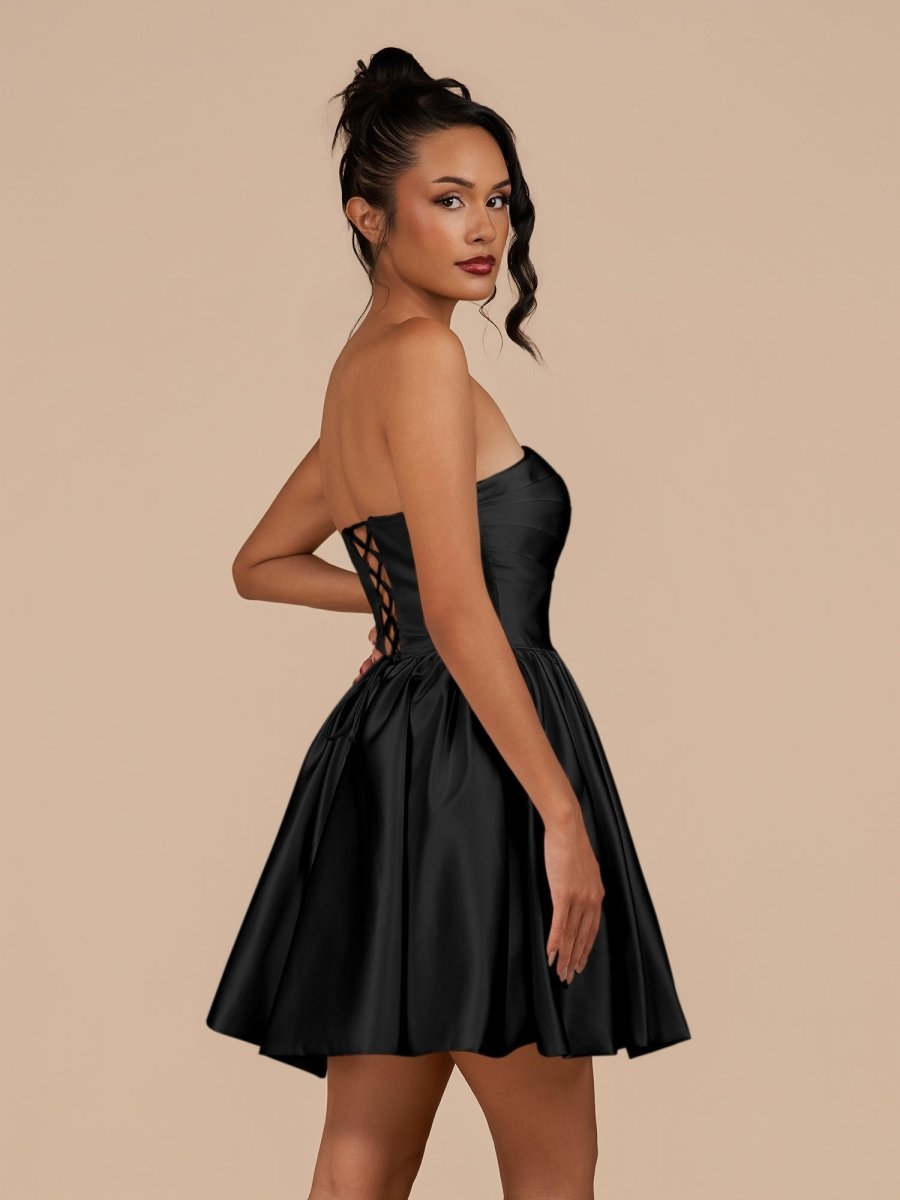 Black - A Line Satin Strapless Puffed Sleeves Short Homecoming Dresses