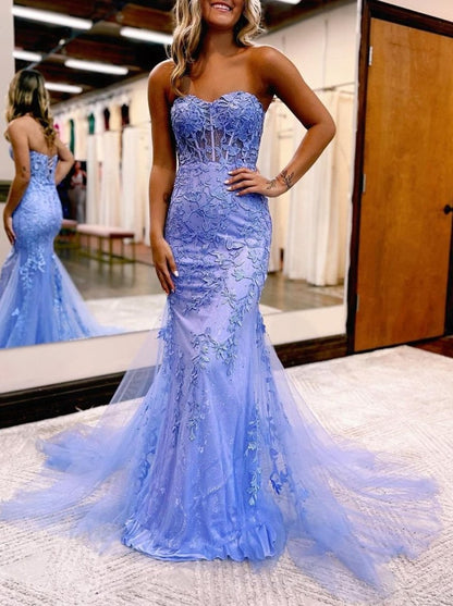 Blue Mermaid Sweetheart Neck Lace Long Prom Dress With Appliques
