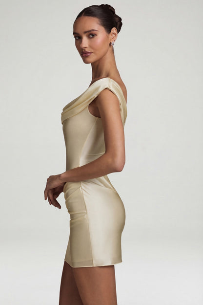 Satin Off-Shoulder Draped Mini Dress in Ivory