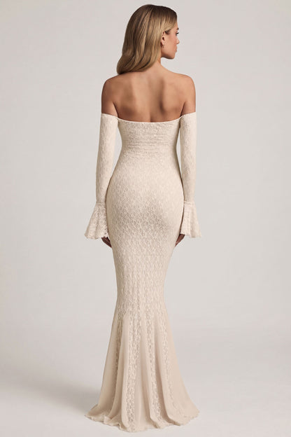 Off-Shoulder Ruffle Lace Maxi Dress in Ivory