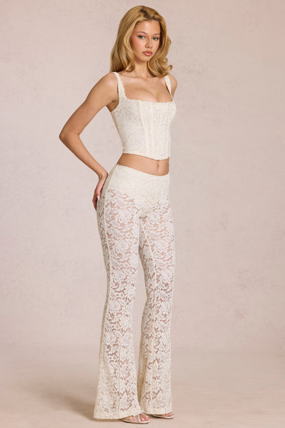 Sheer Lace Mid-Rise Flared Trousers in Ivory