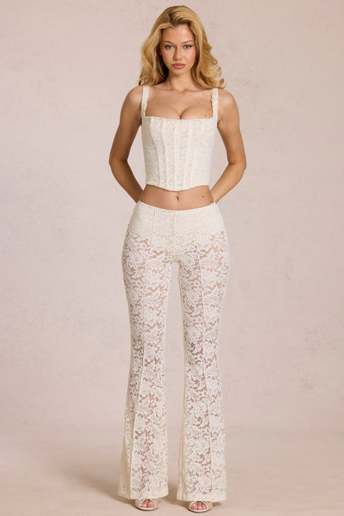 Sheer Lace Mid-Rise Flared Trousers in Ivory