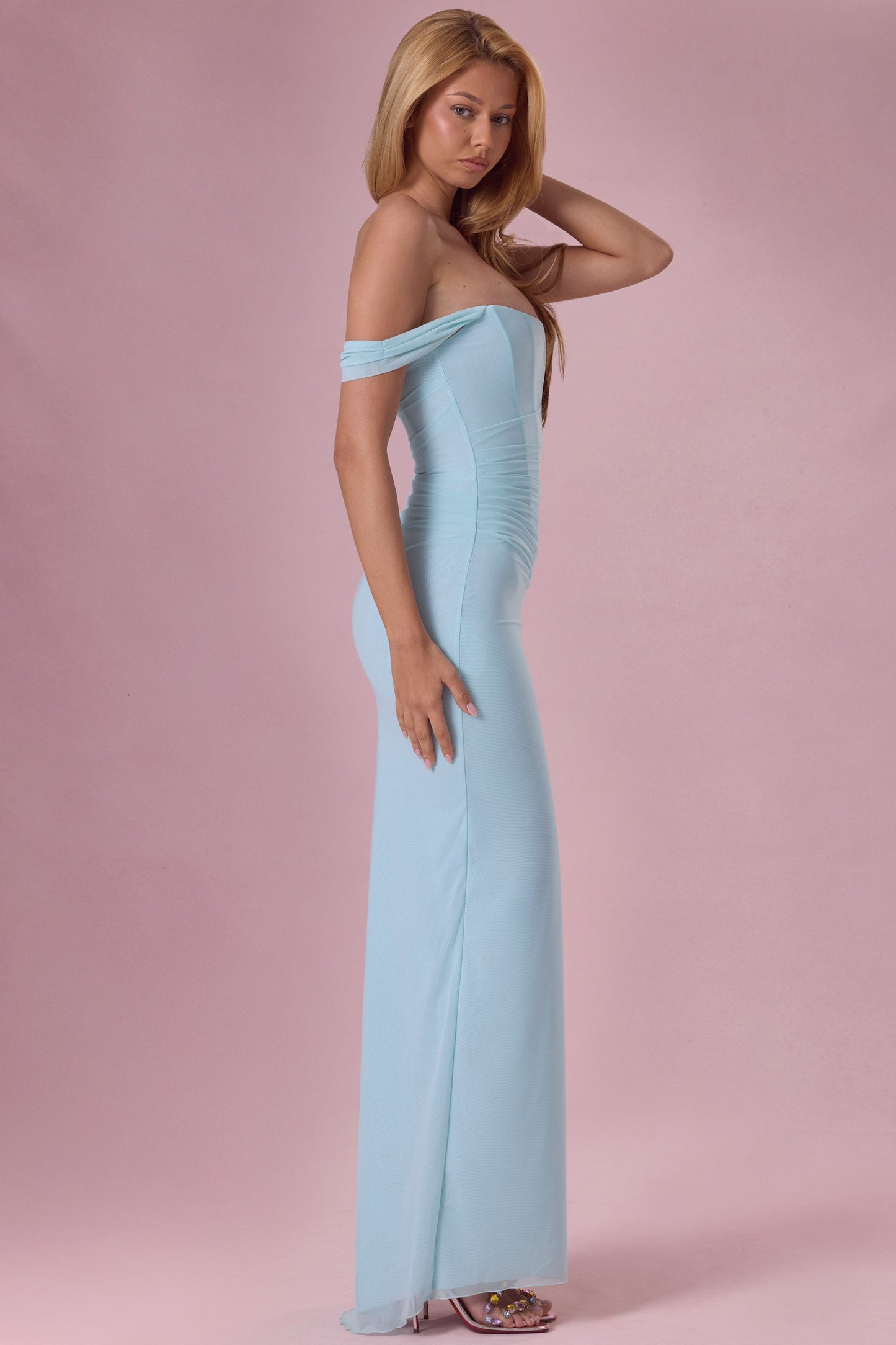 Mesh Draped Corset Gown in Light Aqua