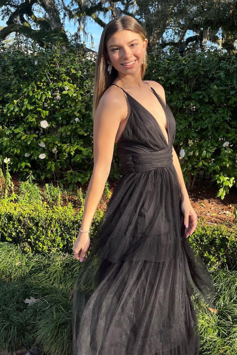 Black A-line Deep Spaghetti Straps Cross Back Tulle Multi-Layers Long Prom Dress