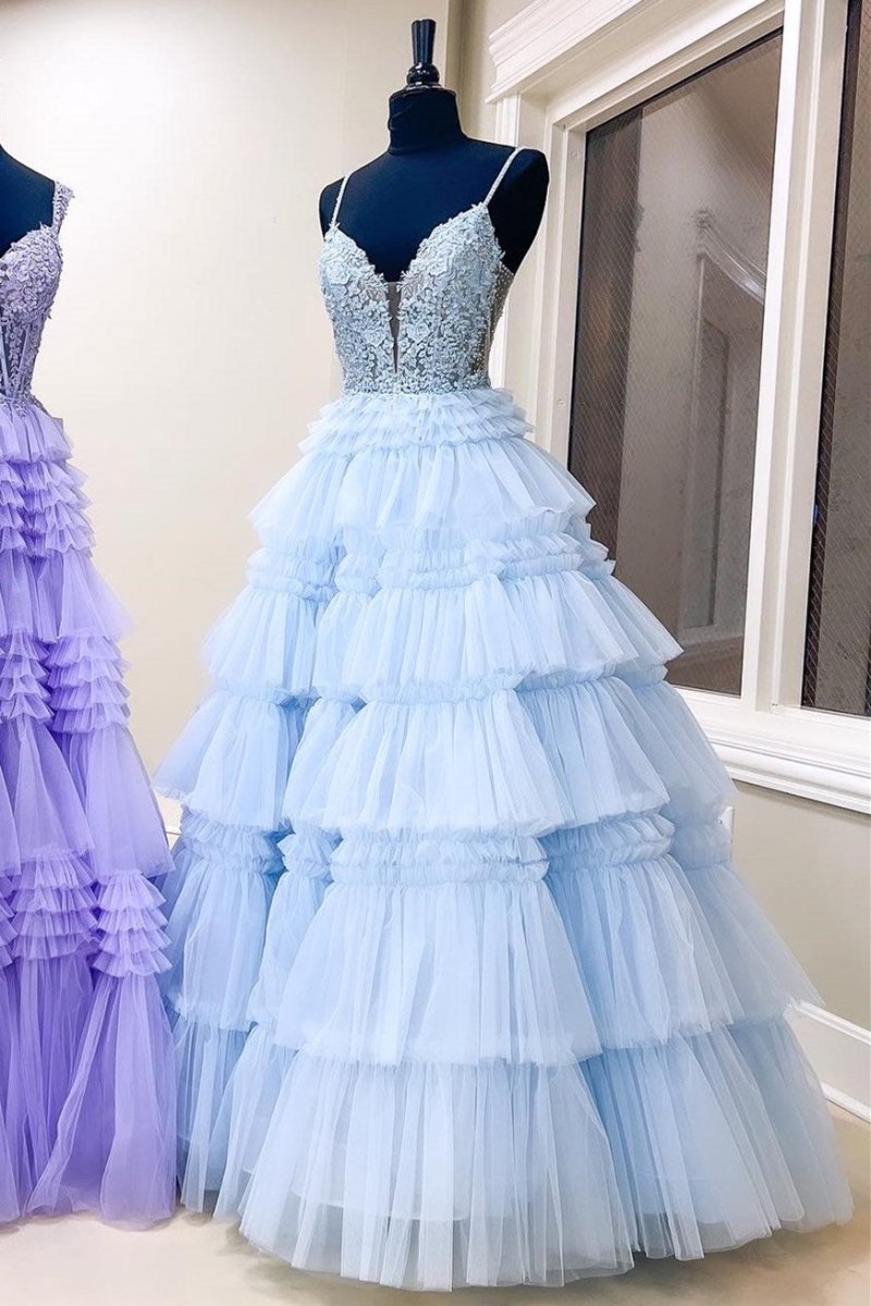Black Beaded Spaghetti Strap Ruffle Tiered Ball Gown