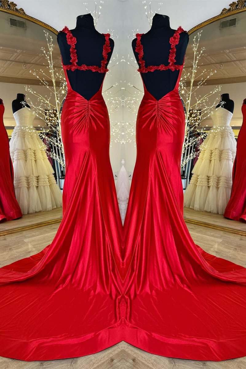 Black Straps Floral Mermaid Long Prom Dress