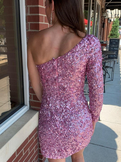 Black Bodycon One-Shoulder Sequins Mini Party Dresses