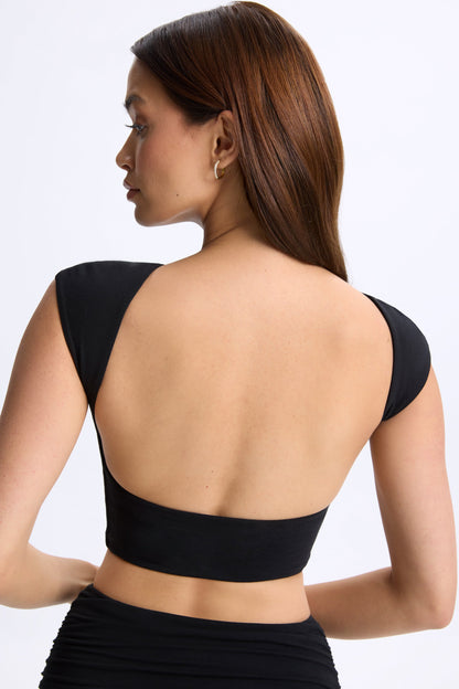 Modal Cap-Sleeve Open-Back Crop Top in Black