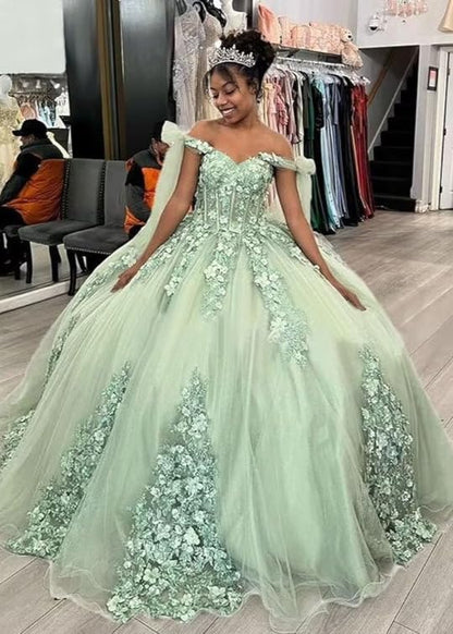 Ball Gown Tulle Off The Shoulder Sage Green Quinceanera Dress