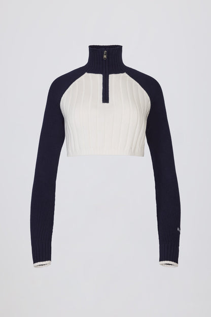 Ribbed Knit Quarter-Zip Cropped Jumper in Classic Navy