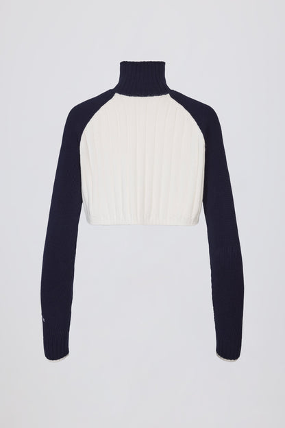 Ribbed Knit Quarter-Zip Cropped Jumper in Classic Navy