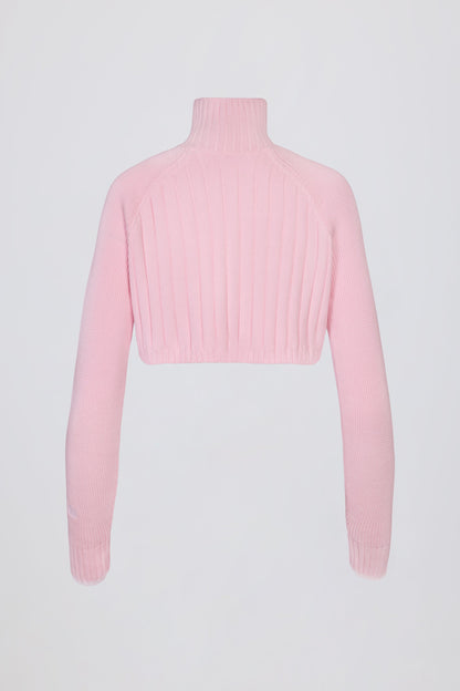 Ribbed Knit Quarter-Zip Cropped Jumper in Powder Pink