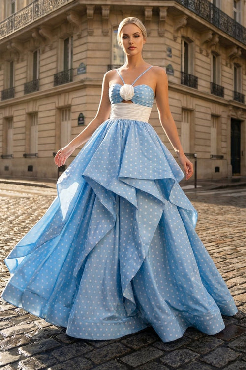 Blue - Halter Satin A Line Dot Prom Dresses With Flower