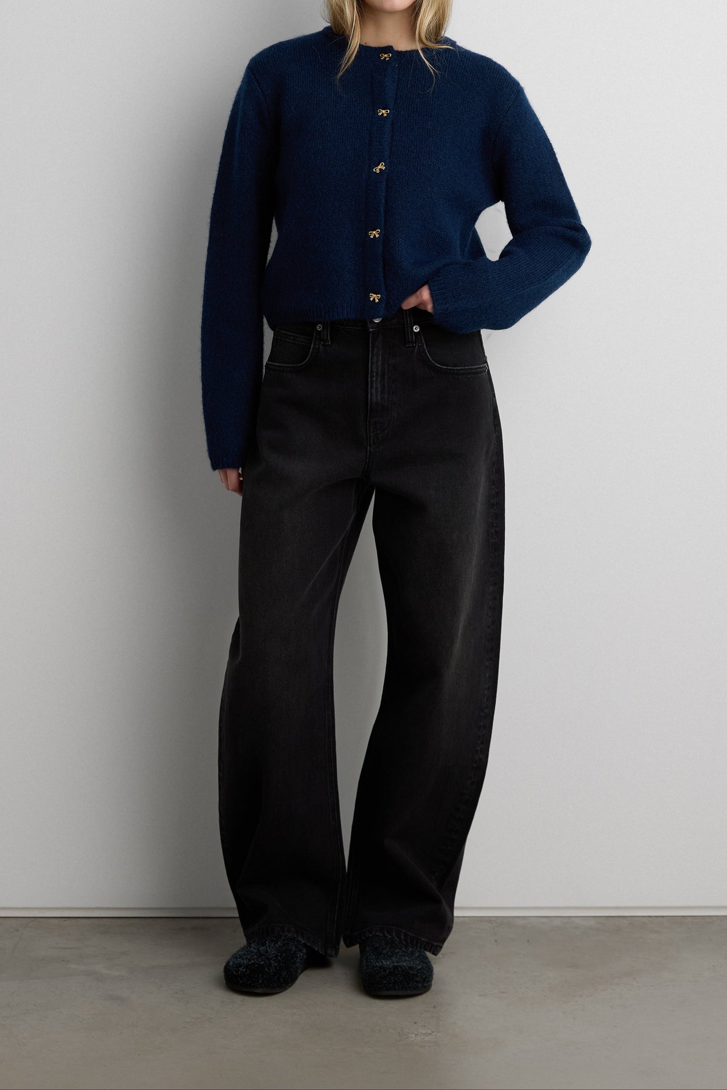 BOW BUTTON FRONT WOOL-BLEND CARDIGAN