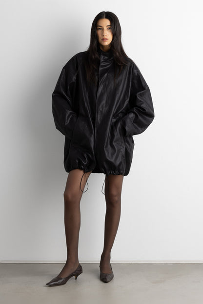 OVERSIZED FUNNEL NECK VEGAN LEATHER JACKET