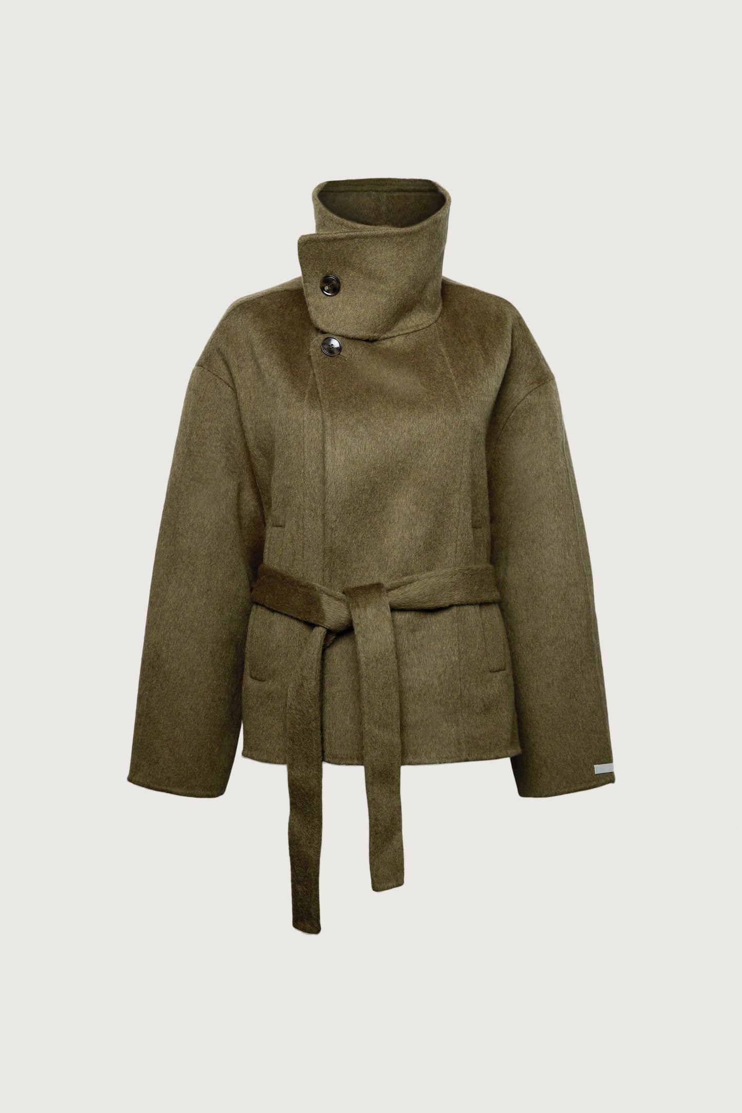 BRUSHED WOOL HAND MADE FUNNEL NECK COAT WITH BELT