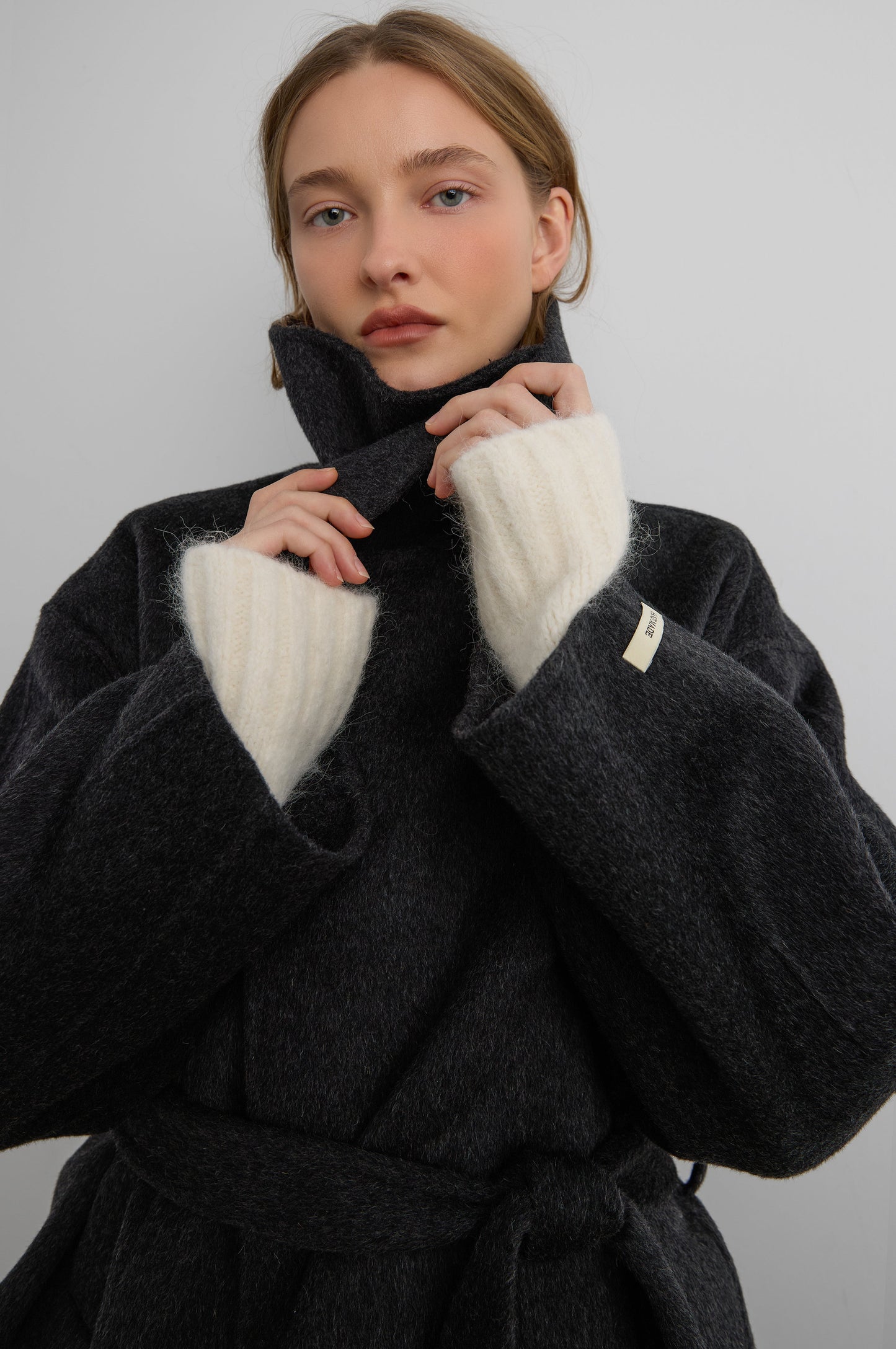 BRUSHED WOOL HAND MADE FUNNEL NECK COAT WITH BELT