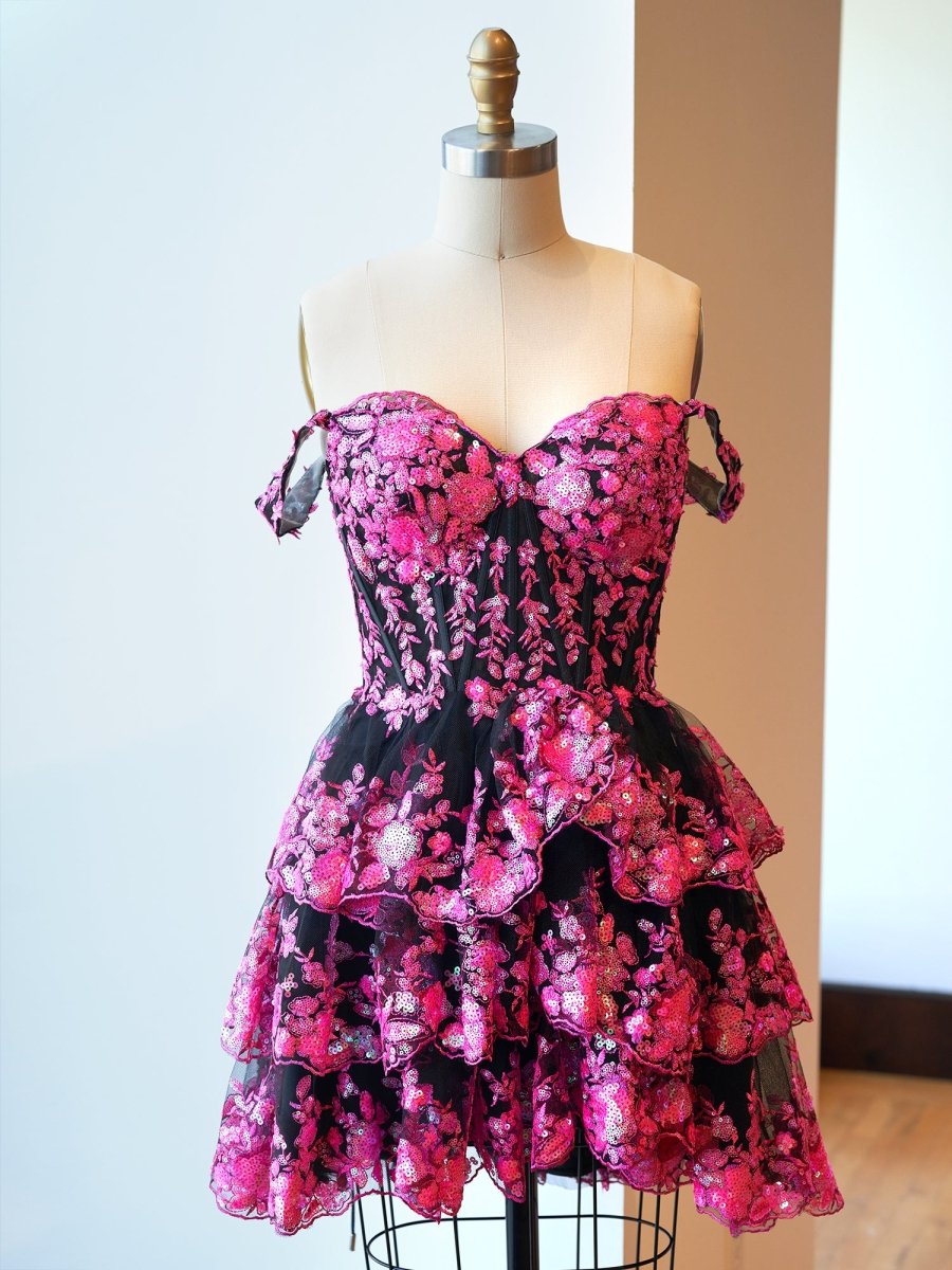 Black Pink - A-Line Sweetheart Tiered Short Homecoming & Cocktail Dresses