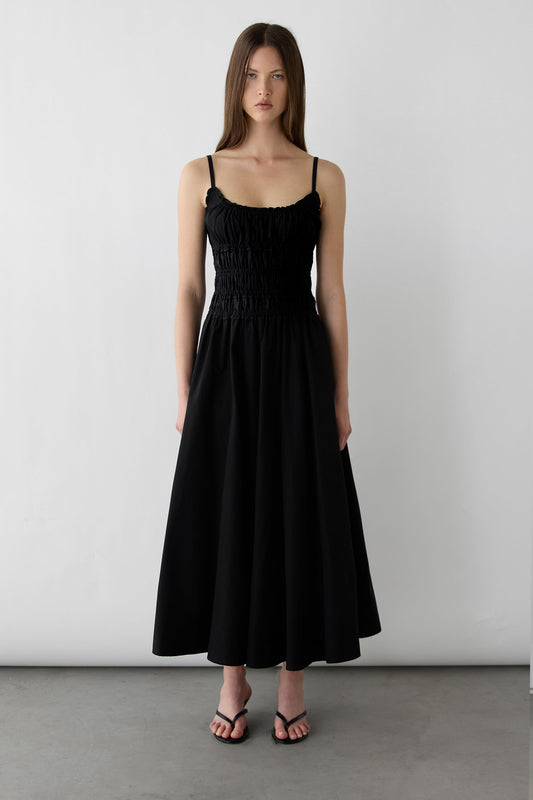 SHIRRED COTTON POPLIN MIDI DRESS