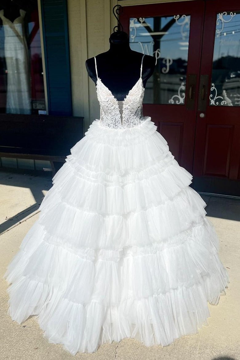 Black Beaded Spaghetti Strap Ruffle Tiered Ball Gown