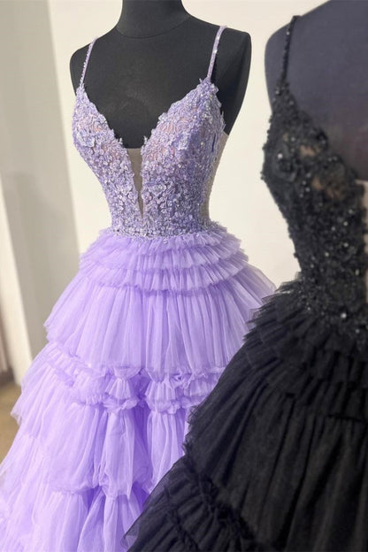 Black Beaded Spaghetti Strap Ruffle Tiered Ball Gown