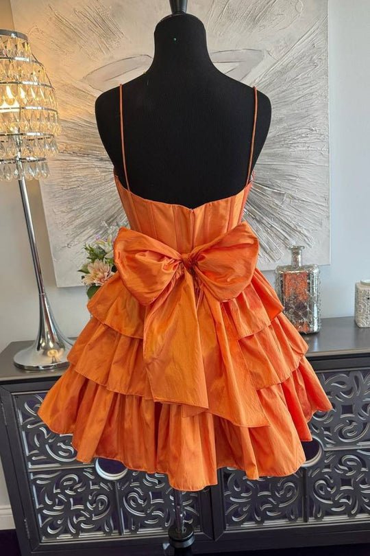 Black Spaghetti Straps Satin A-Line Ruffled Short Corset Homecoming Dress with Bow