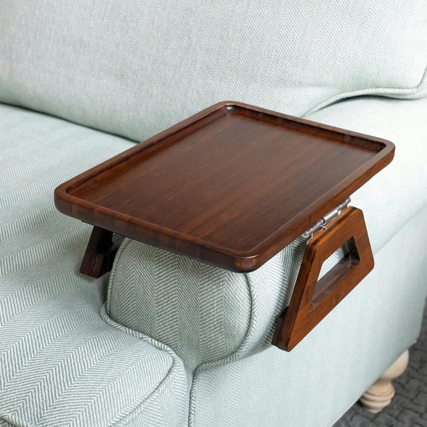 Couch Arm Table,Sofa Arm Clip Table,Bamboo Trayble Couch Arm Table, Clip On Tray Sofa Table For Couches. Sofa Arm Tray, Armchair Table For TV Dinners, Remotes, Drinks And Snacks, Brown