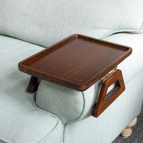 Couch Arm Table,Sofa Arm Clip Table,Bamboo Trayble Couch Arm Table, Clip On Tray Sofa Table For Couches. Sofa Arm Tray, Armchair Table For TV Dinners, Remotes, Drinks And Snacks, Brown
