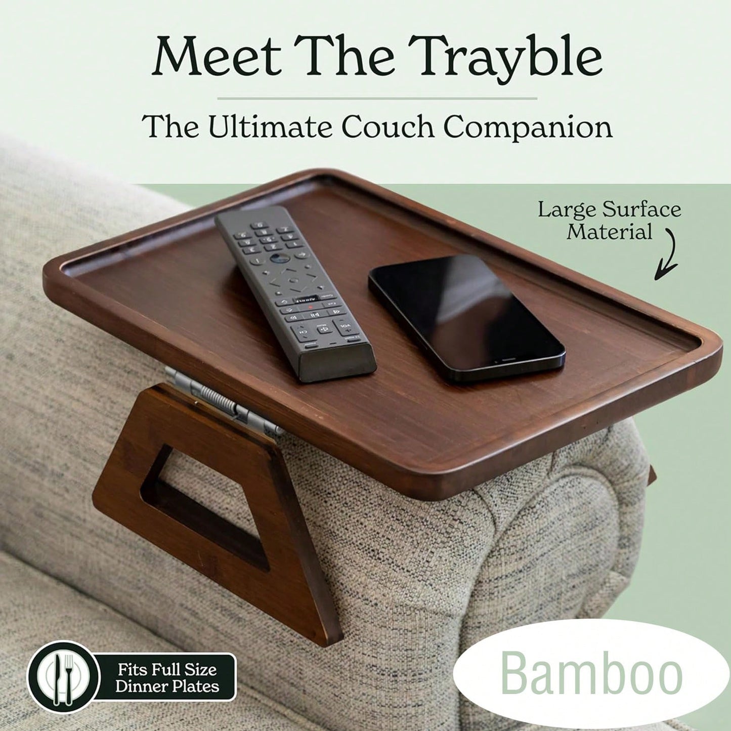 Couch Arm Table,Sofa Arm Clip Table,Bamboo Trayble Couch Arm Table, Clip On Tray Sofa Table For Couches. Sofa Arm Tray, Armchair Table For TV Dinners, Remotes, Drinks And Snacks, Brown