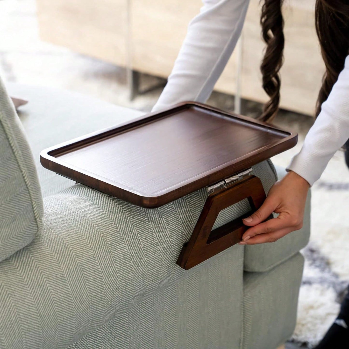 Couch Arm Table,Sofa Arm Clip Table,Bamboo Trayble Couch Arm Table, Clip On Tray Sofa Table For Couches. Sofa Arm Tray, Armchair Table For TV Dinners, Remotes, Drinks And Snacks, Brown