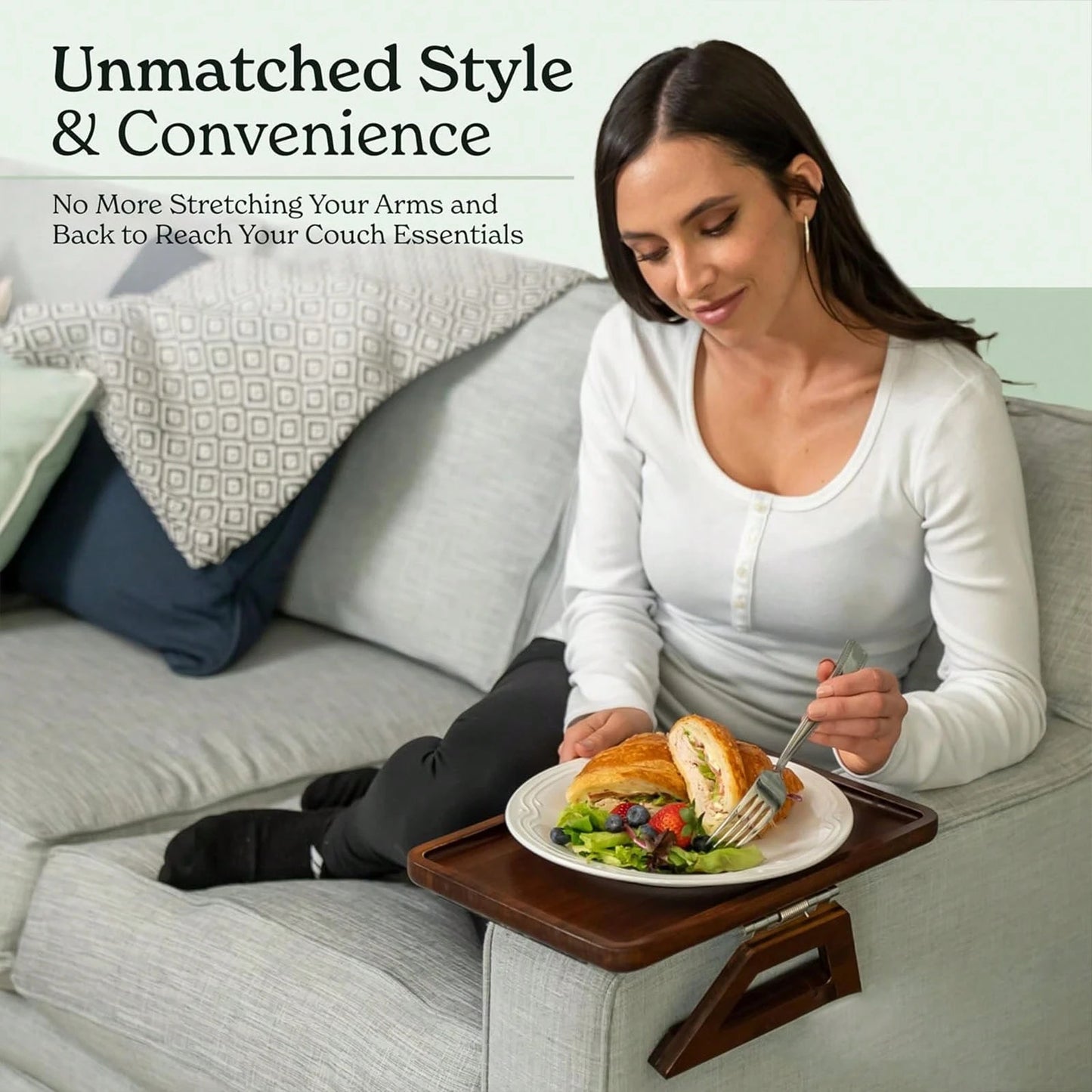 Couch Arm Table,Sofa Arm Clip Table,Bamboo Trayble Couch Arm Table, Clip On Tray Sofa Table For Couches. Sofa Arm Tray, Armchair Table For TV Dinners, Remotes, Drinks And Snacks, Brown