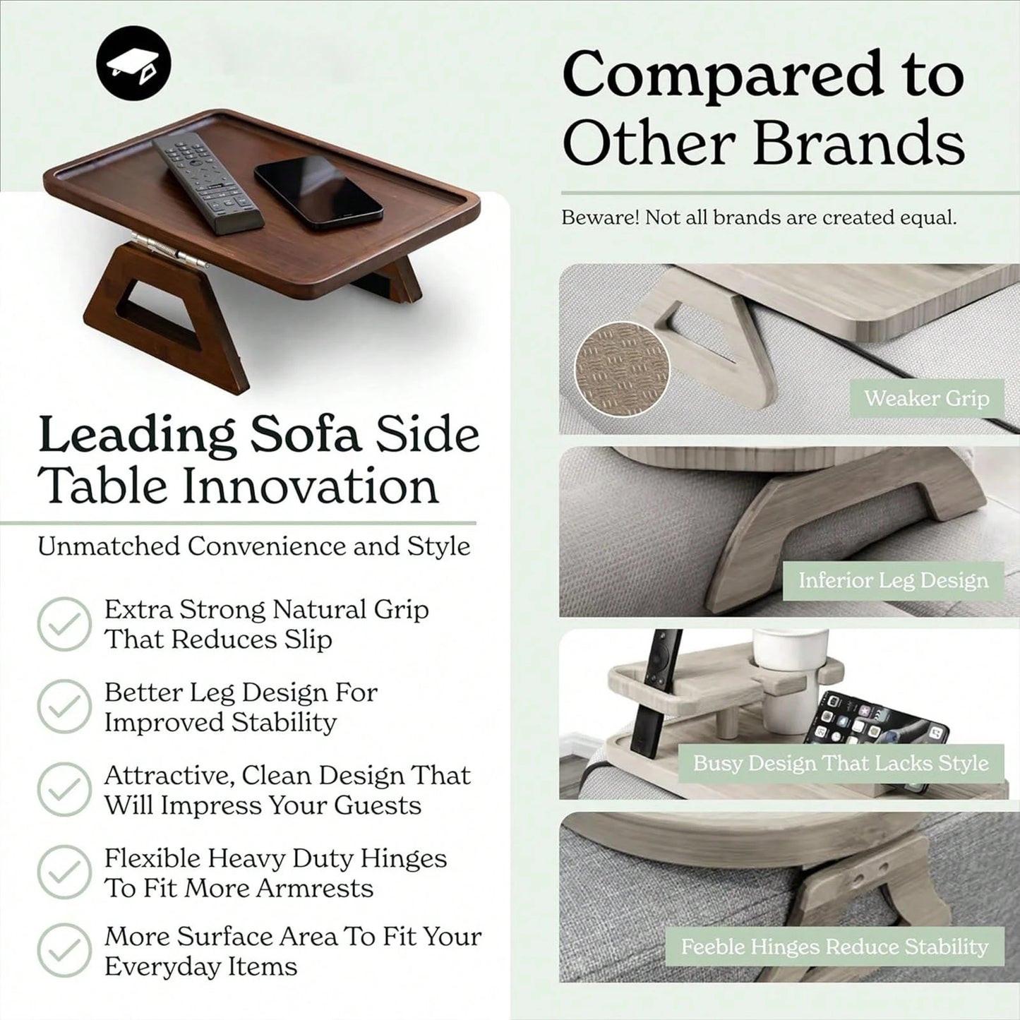 Couch Arm Table,Sofa Arm Clip Table,Bamboo Trayble Couch Arm Table, Clip On Tray Sofa Table For Couches. Sofa Arm Tray, Armchair Table For TV Dinners, Remotes, Drinks And Snacks, Brown