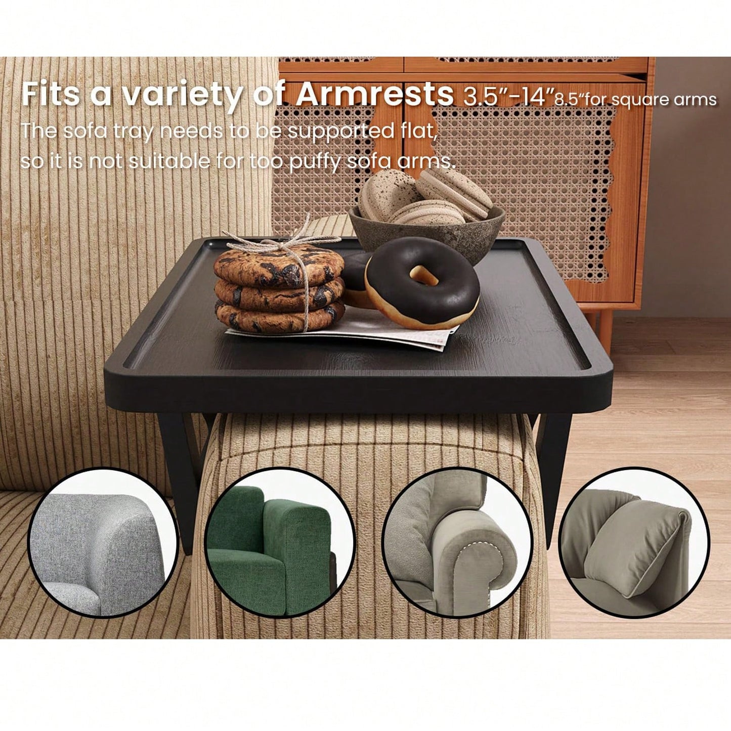 Couch Arm Table,Sofa Arm Clip Table,Bamboo Trayble Couch Arm Table, Clip On Tray Sofa Table For Couches. Sofa Arm Tray, Armchair Table For TV Dinners, Remotes, Drinks And Snacks, Brown