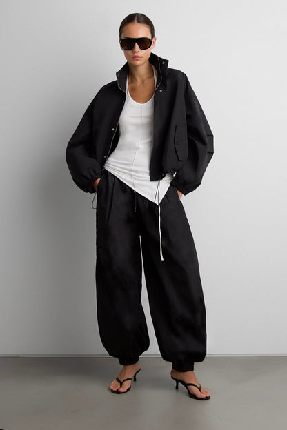 HIGH FUNNEL NECK CROPPED DRAWSTRING JACKET