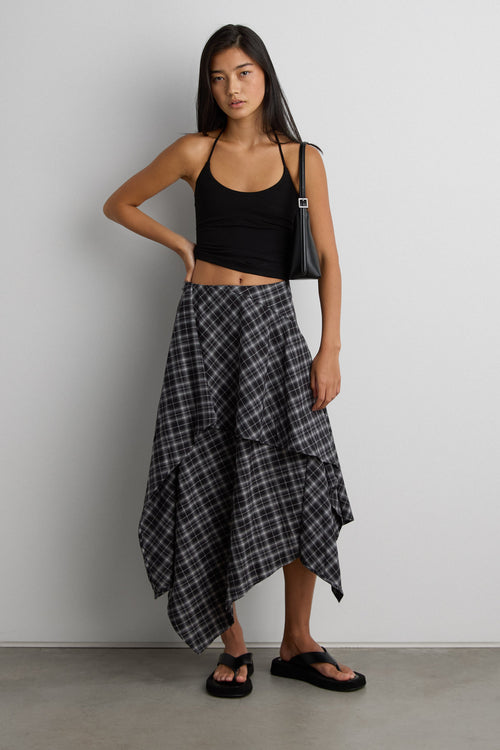 ASYMMETRICAL DRAPED PLAID MIDI SKIRT