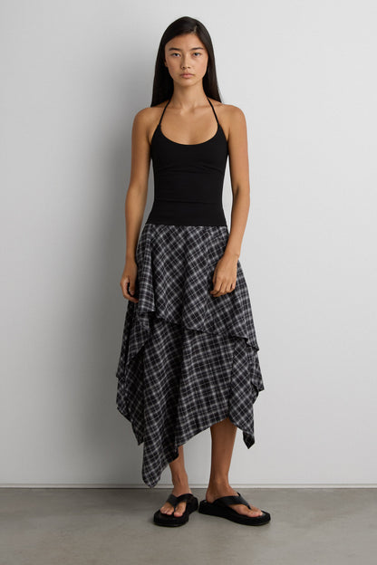 ASYMMETRICAL DRAPED PLAID MIDI SKIRT