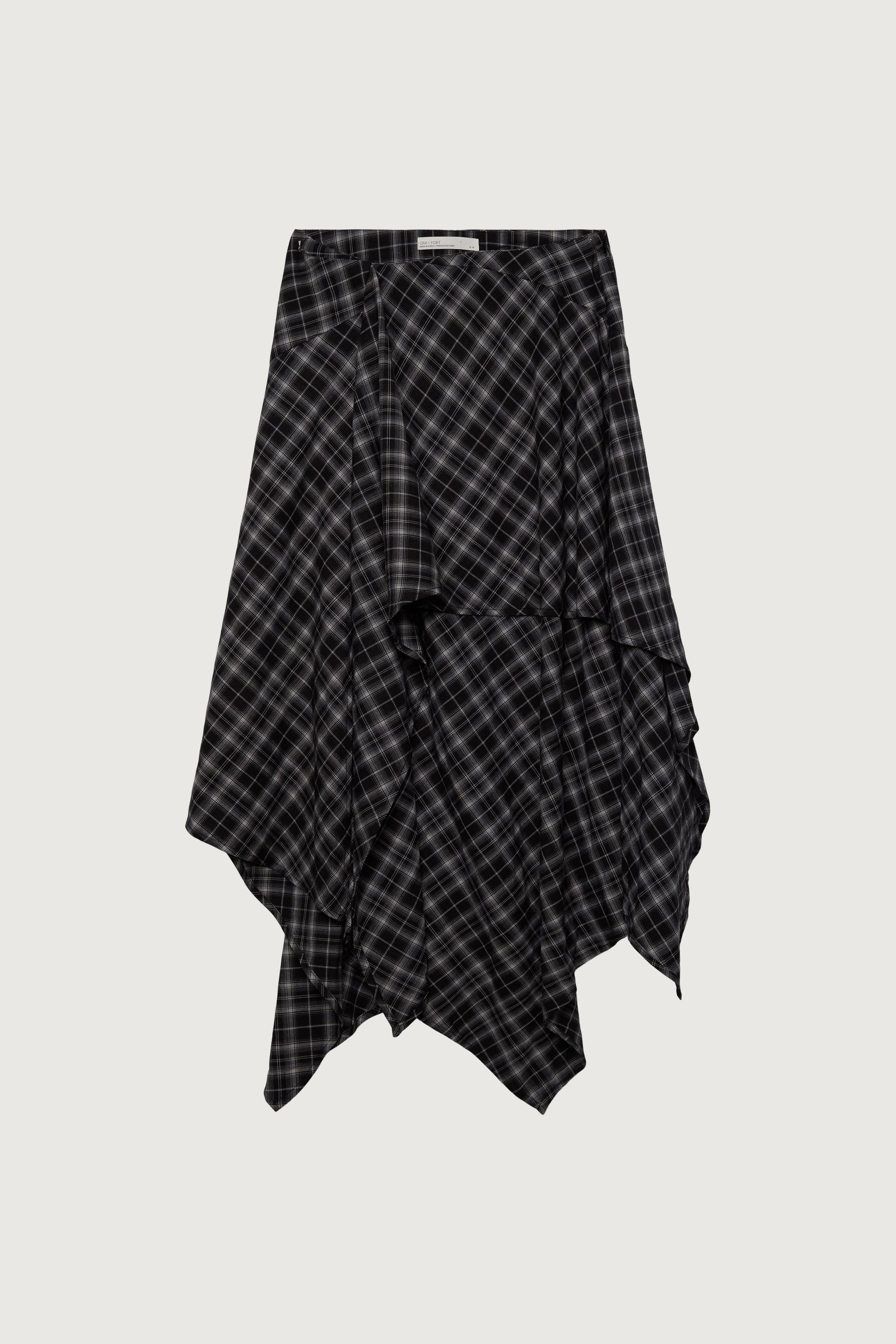 ASYMMETRICAL DRAPED PLAID MIDI SKIRT