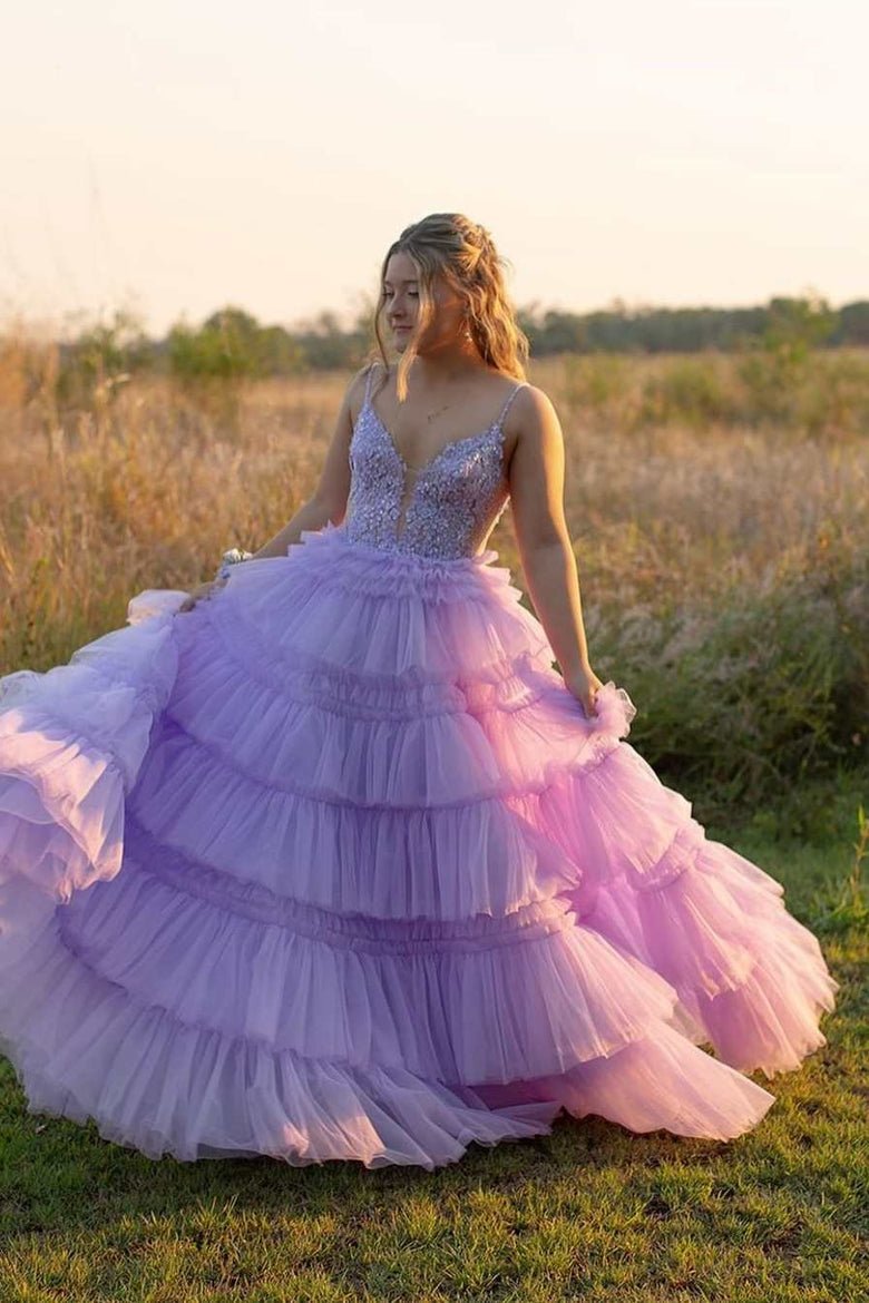 Black Beaded Spaghetti Strap Ruffle Tiered Ball Gown