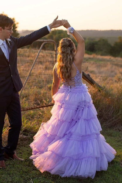 Black Beaded Spaghetti Strap Ruffle Tiered Ball Gown
