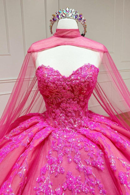 Ball Gown Sweetheart Pink Lace Appliques Tulle Long Quinceanera Dresses