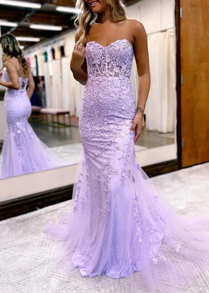 Blue Mermaid Sweetheart Neck Lace Long Prom Dress With Appliques