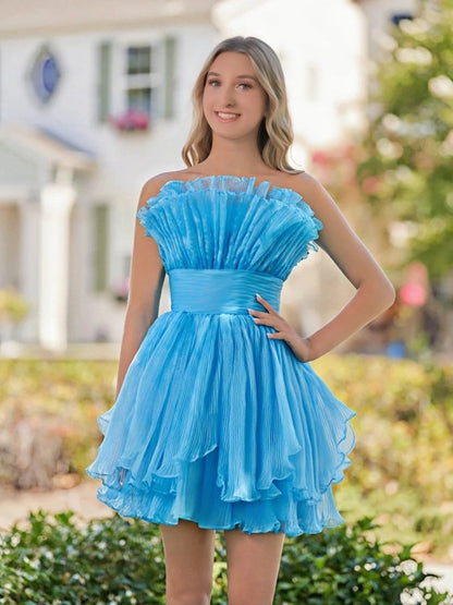 Blue A-Line Strapless Pleated Short Tiered Homecoming Dress
