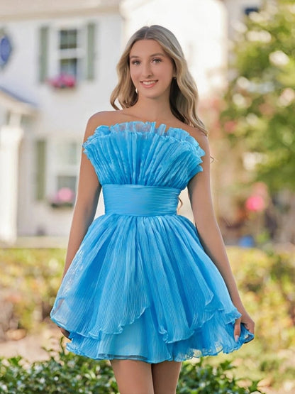 Blue A-Line Strapless Pleated Short Tiered Homecoming Dress
