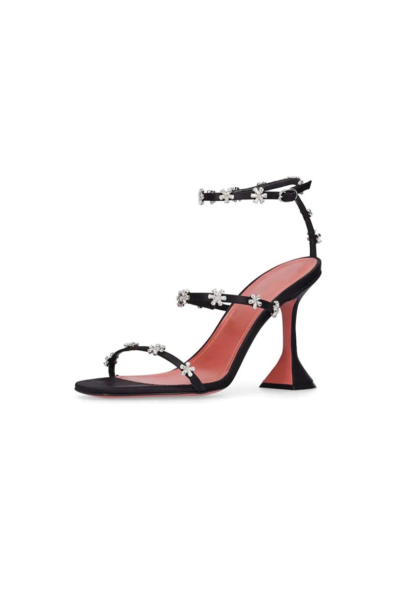 Black Ankle Straps Open Toe Chunky Heels with Flower Rhinestones