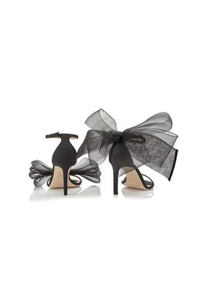 Asymmetric Bow-Embellished Satin High Heel Sandals