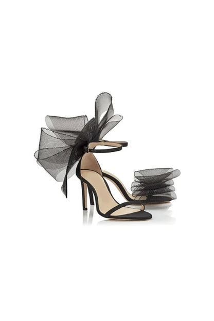 Asymmetric Bow-Embellished Satin High Heel Sandals