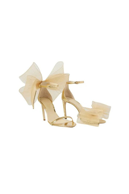 Asymmetric Bow-Embellished Satin High Heel Sandals